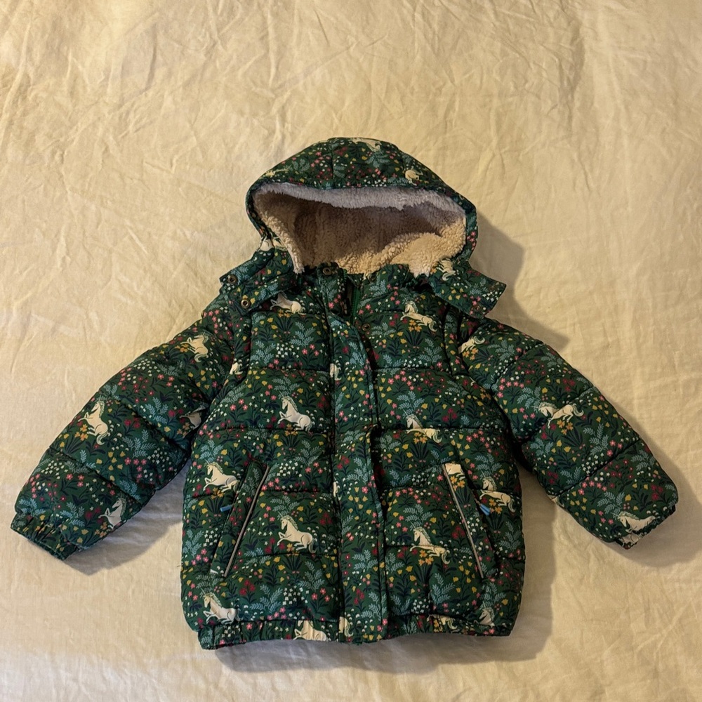 Girls 5-6 mini Boden Green Floral and unicorn 2 in 1 padded coat/ Puffer Jacket